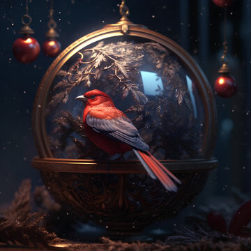 Carmine piranha, red bird on New Year's decoration, bird with New Year's decor, New Year's card, Christmas picture with a bird, winter mood, ai generative 