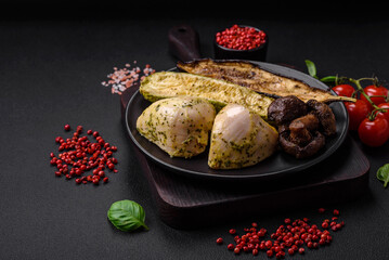 Delicious grilled vegetables zucchini, eggplant, peppers and mushrooms with salt, spices and herbs