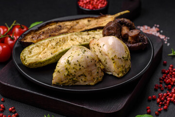 Delicious grilled vegetables zucchini, eggplant, peppers and mushrooms with salt, spices and herbs