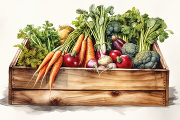 Watercolor illustration of a wooden box filled with organic vegetables against a white background. Generative AI