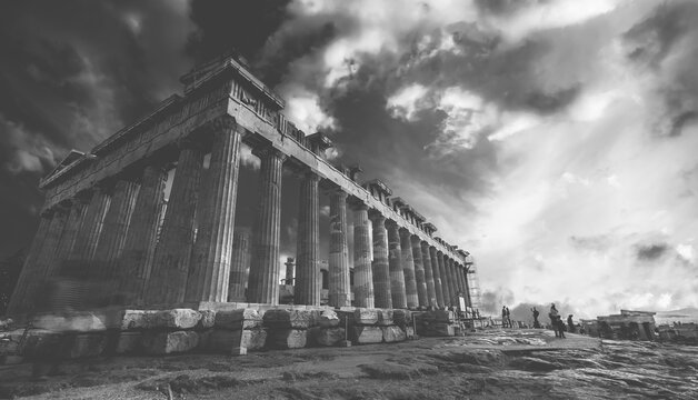 Acropolis. Columns of the Parthenon at sunset, Athens, black and white