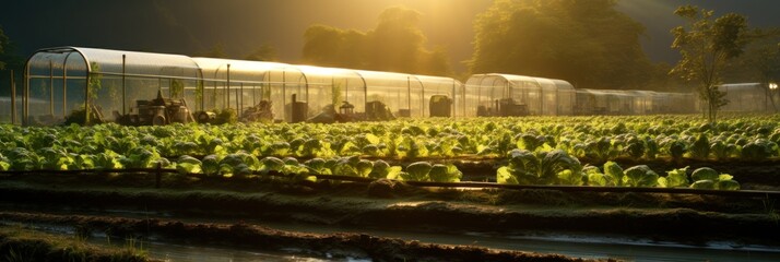 Fototapeta na wymiar Landscape of an organic garden with healthy vegetable cultivation and a greenhouse rural environment Generative AI Illustration