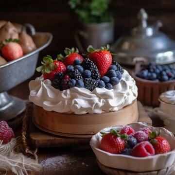 Pavlova cake with cream and fresh berries on wooden background