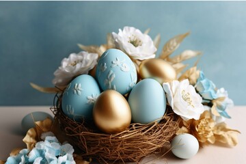 Easter eggs in a basket on a wooden table with a blue background