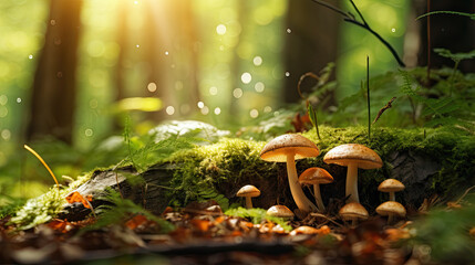 Bright forest clearing,beautiful sunlight and seasonal nature background with bokeh and short depth...