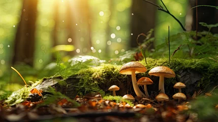Tuinposter Bright forest clearing,beautiful sunlight and seasonal nature background with bokeh and short depth of field. Close-up with space for text, close-up on wildlife nature mushrooms and green fresh leaves © Nhan