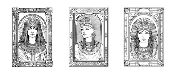 Portrait of ancient Egyptian women. Beautiful Nefertiti for coloring. Awesome woman drawings created with generative AI.


