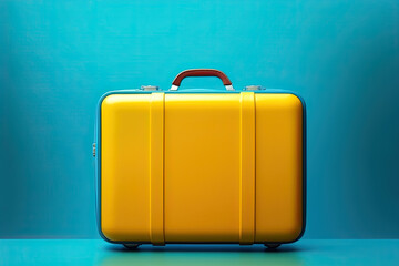 Yellow travel suitcase on blue background.