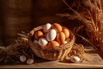 Easter eggs in a basket with ears of wheat on a wooden background