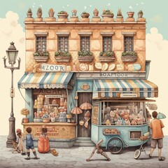 Cafe on the street. Street food concept. Cartoon illustration