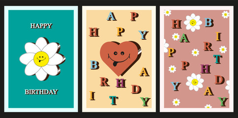 Set of Birthday card in Y2K Style. Retro aesthetic Groovy funky template of Greeting Card. Cover for posters, banners, flyer. Vector illustration 00s 90s. Hippie art.