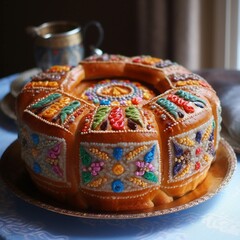 Ukrainian folk cake with embroidery on a plate.