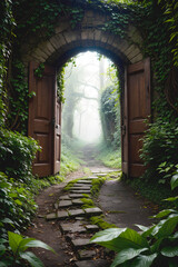 An enigmatic door awaits at the end of a path, adorned with overgrown plant vines