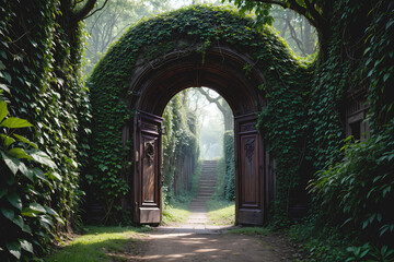 Obraz premium An enigmatic door awaits at the end of a path, adorned with overgrown plant vines