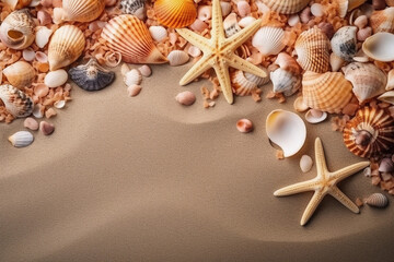 Fototapeta na wymiar Summer concept background with sandy beach shells and starfish, Generative AI