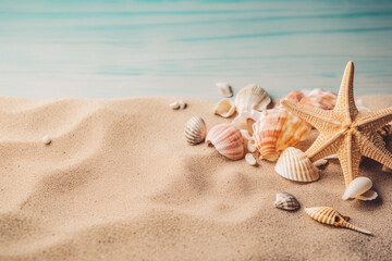 Fototapeta na wymiar Summer concept background with sandy beach shells and starfish, Generative AI