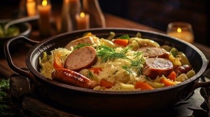 Choucroute Garnie with steaming sauerkraut, sausages, and side vegetables on a rustic wooden table - obrazy, fototapety, plakaty