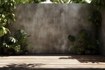 An Empty Exterior Concrete Wall with Tropical Vibes. Generative AI