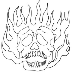 Human skull, skull with fire, skull fire, black and white drawing, coloring book for adults, coloring book, human head, halloween