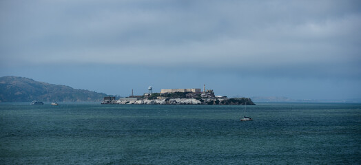 A panorama of Alcatraz Island in the Bay Area, viewed from San Francisco.
