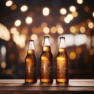 beer bottles on a classic wooden table, moc up style , vintage bokeh bar background created with Generative AI technology
