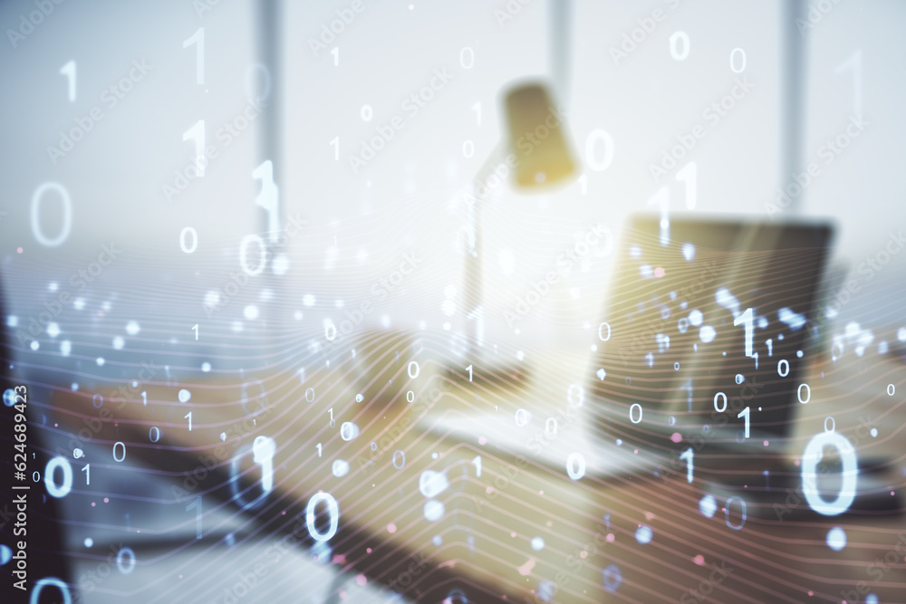 Aufkleber Creative concept of binary code illustration on modern laptop background. Big data and coding concept. Multiexposure