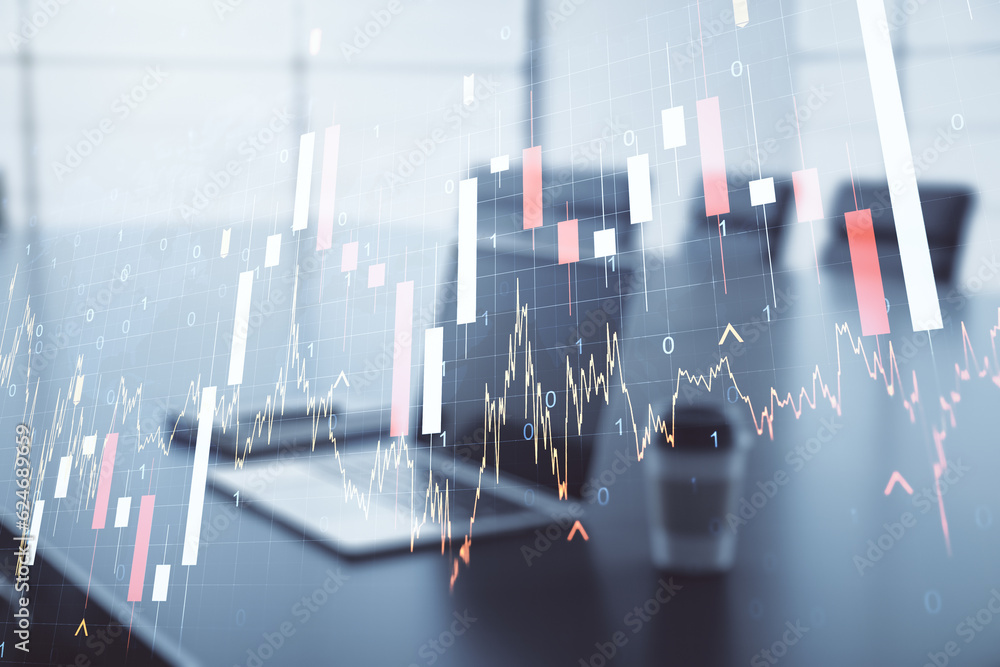Poster multi exposure of abstract financial graph with world map on modern computer background, financial a