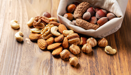 mix nuts on a wooden table