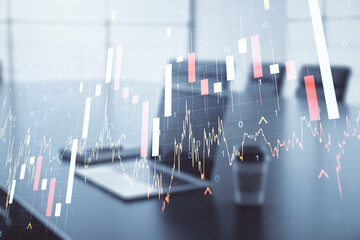 Multi exposure of abstract financial graph with world map on modern computer background, financial and trading concept
