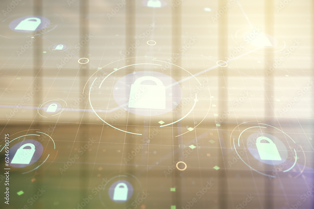 Poster double exposure of virtual creative lock hologram with chip on empty modern office background. infor