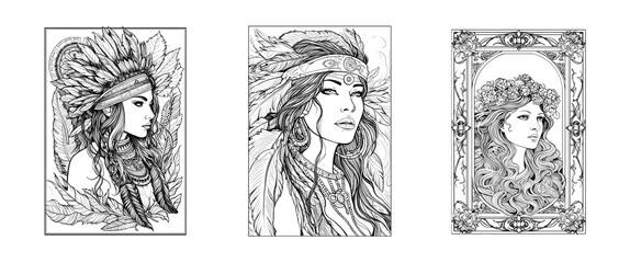 Native American women portrait. Portrait of a beautiful woman for coloring. Awesome women drawings created with generative AI.