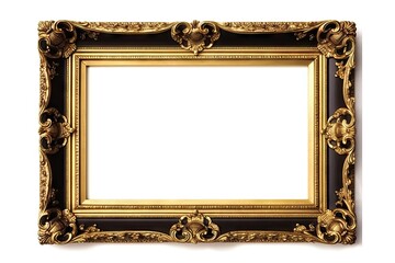 Luxurious vintage. Retro decor. Empty wooden black and gold frame isolated on white background