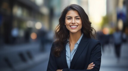 Young confident smiling business woman standing on busy street, portrait. Proud successful female entrepreneur wearing suit posing with arms crossed look at camera in big city outdoors. Generative  Ai