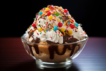 Ice cream sundae, featuring scoops of ice cream, whipped cream, colorful sprinkles, and toppings like chocolate sauce.