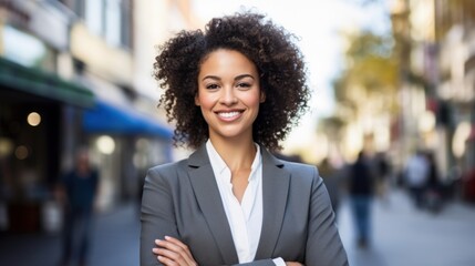 Fototapeta premium Young confident smiling business woman standing on busy street, portrait. Proud successful female entrepreneur wearing suit posing with arms crossed look at camera in big city outdoors. Generative Ai