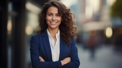 Obraz premium Young confident smiling business woman standing on busy street, portrait. Proud successful female entrepreneur wearing suit posing with arms crossed look at camera in big city outdoors. Generative Ai