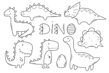 Set of dinosaurs in doodle style. Linear collection of Cute dinos. Vector illustration.