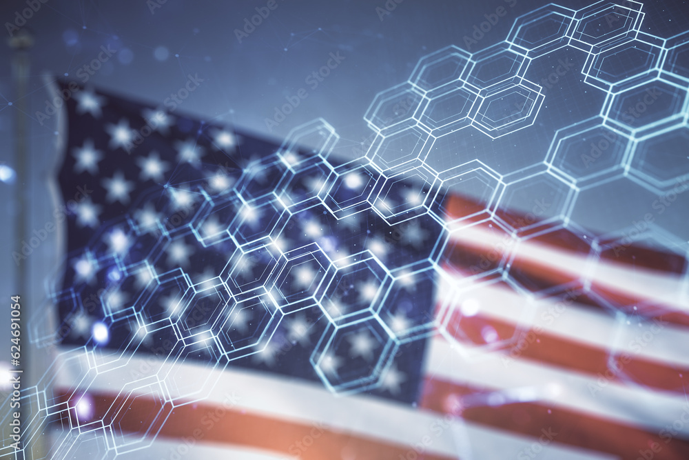Aufkleber abstract virtual wireless technology hologram with hexagon on us flag and blue sky background. big d