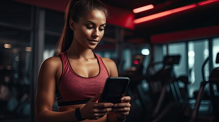 woman looking at fitness app in gym