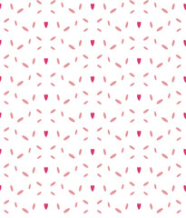 Kids seamless patterns. Doodle dot shapes, lovely heart. Cute geometrical grid. Tender pink pastel baby color palette. White background. Vector