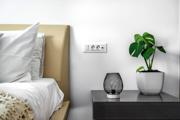 Stylish bedroom concept showcasing a part of a double bed adorned with a trendy bedside table. The table features a vibrant Monstera Deliciosa plant. A sleek lamp with an eye-catching black net design