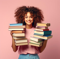 Back to school creative portrait, young beautiful girl with books ready to acquire new knowledge in school desk and library. Illustration. Generative AI.