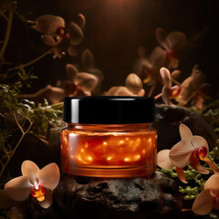 Amber glass cosmetic cream jar mockup, beauty product container front view template, styled creative cream jar mockup