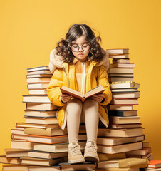 Back to school creative portrait, young beautiful girl with books ready to acquire new knowledge in school desk and library. Illustration. Generative AI.