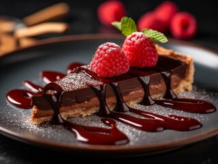 Tarte au Chocolat with a glossy ganache finish and raspberry garnish on a white plate
