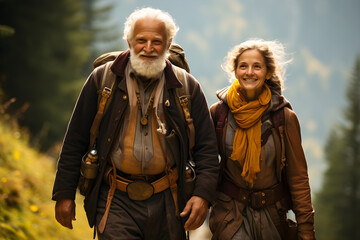 Fototapeta premium Happy elderly couple hiking in mountains with backpacks, active seniors tourists traveling and enjoying nature and healthy lifestyle, walking tourism, generated ai