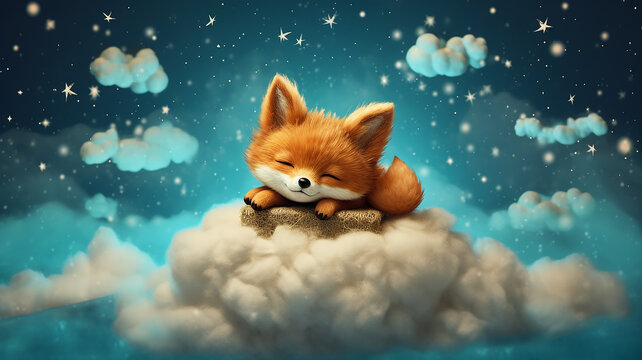 a baby fox cub sleeps on a cloud among the stars. Generative AI