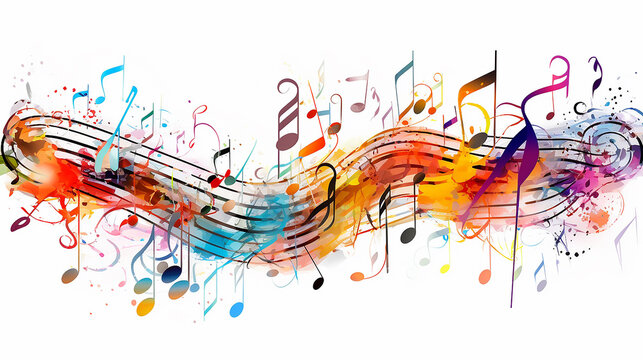 audio idea. musical background, multicolored notes on a musical stand on a white background a whirlwind of color and sound Generative AI