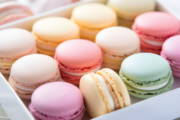 Fototapeta premium Pastel color of macaron in various position isolated on white background.GenerativeAI.