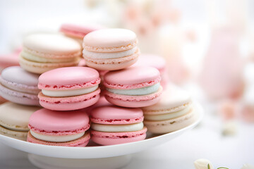 Fototapeta premium Pastel color of macaron in various position isolated on white background.GenerativeAI.